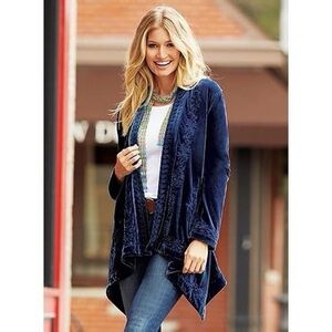 Time for Me Deep Navy Blue Velvet Embroidered Kimono cardigan.